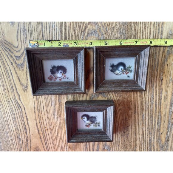 Miniature Bird Artwork Trio Rustic Wood Frames Signed Originals Colored Pencil - Picture 3 of 11